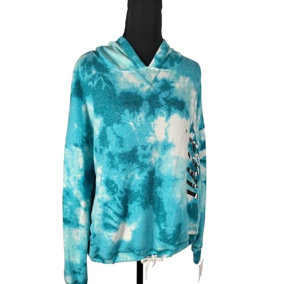 JUSTICE Girls Tie Dye Pullover Hoodie Top Silver Graphic Drawstring Hem  Size XL - Picture 3 of 7
